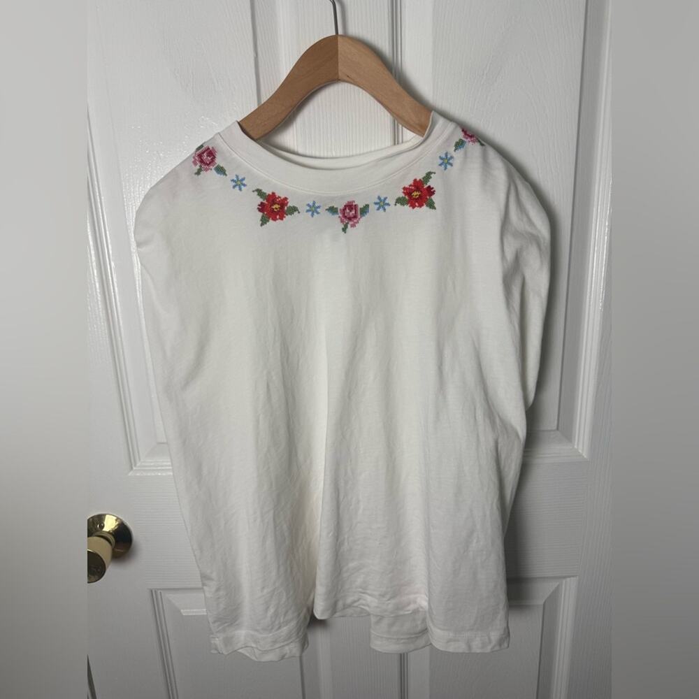 Farm Rio Off-White Cross Stitch Flowers Organic Cotton T-Shirt L - Picture 2 of 9